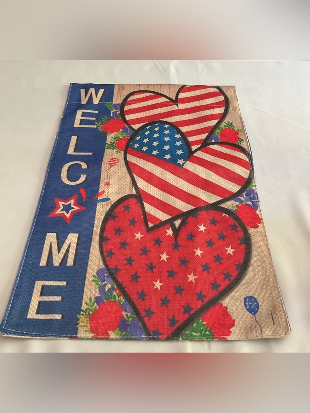 Welcome Patriotic Heart Garden Flag - Red, Blue, White
